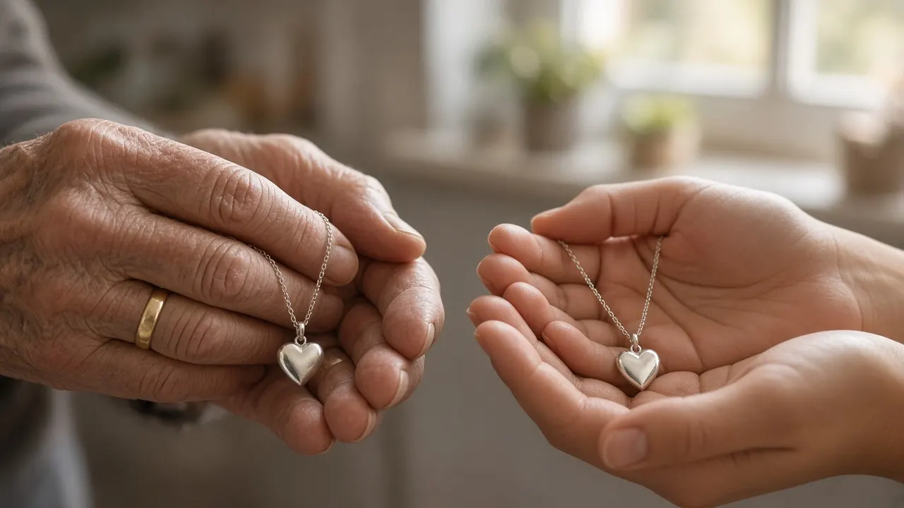Two hands, one older and one younger, each holding a small matching silver heart pendant